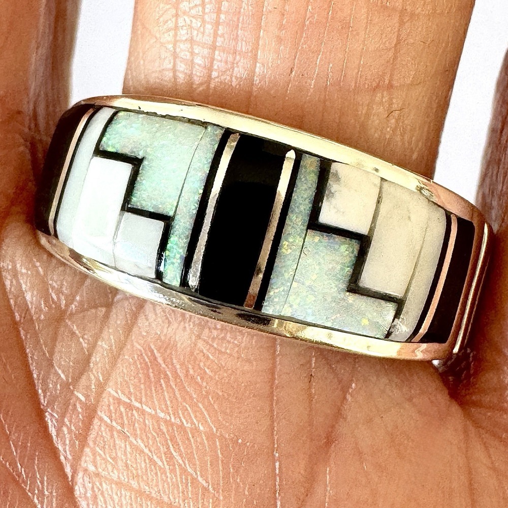 Navajo Inlay Wedding Band Ring Sz 11 Opal White Buffalo 9mm Mens Signed Tolino